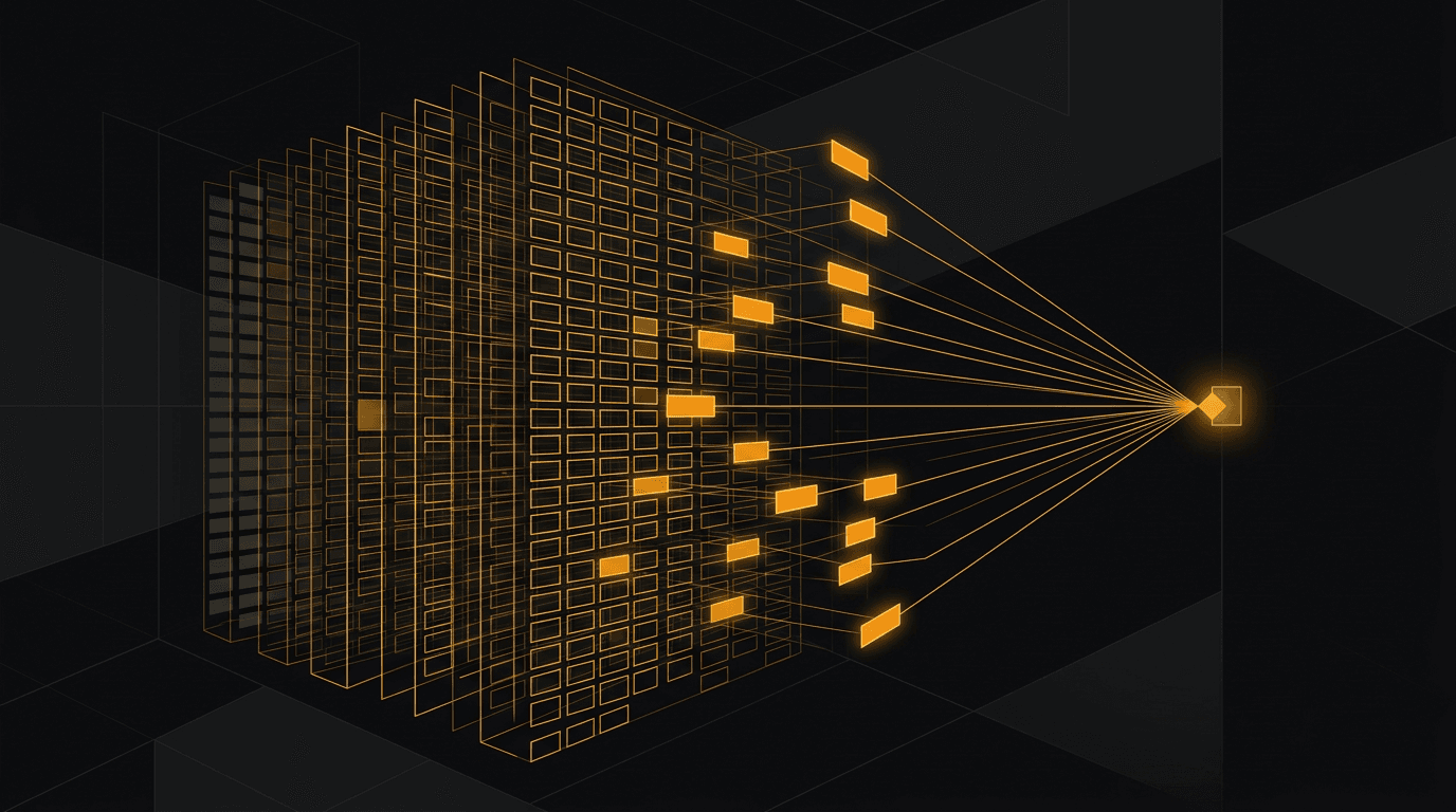 Abstract knowledge-retrieval visualization: stacked translucent layers of amber rectangles being pulled toward a single point.