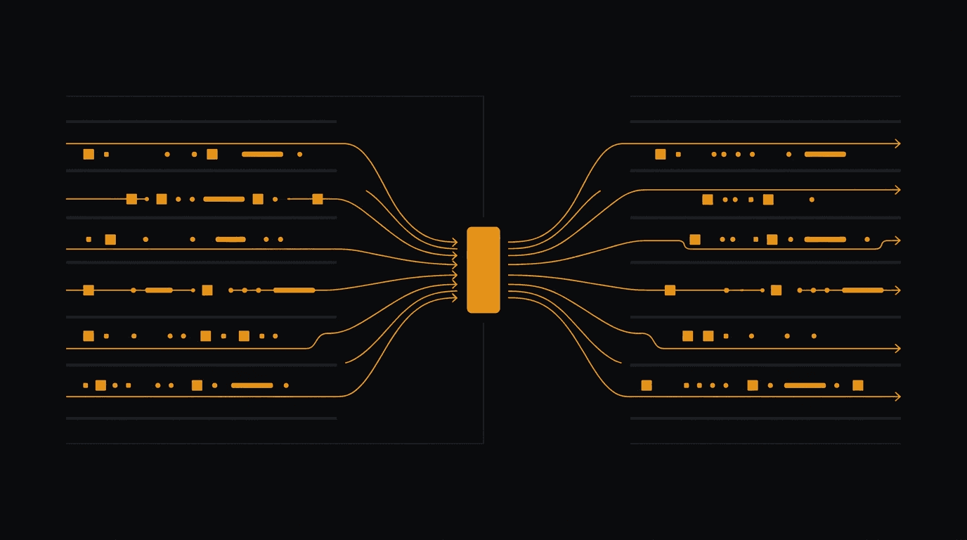 Abstract multi-tenant routing diagram: parallel amber lanes converging through a central gateway and diverging again.